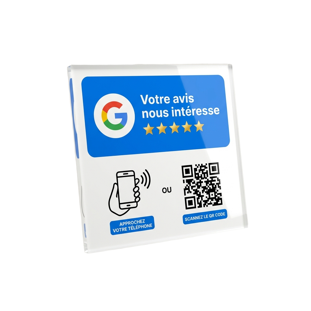 Plaquette ScanNShine posée sur un comptoir, prête à recevoir les avis Google
